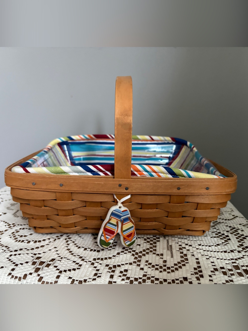 Longaberger Natural Brown Woven Napkin Basket with Multicolor Striped Liner